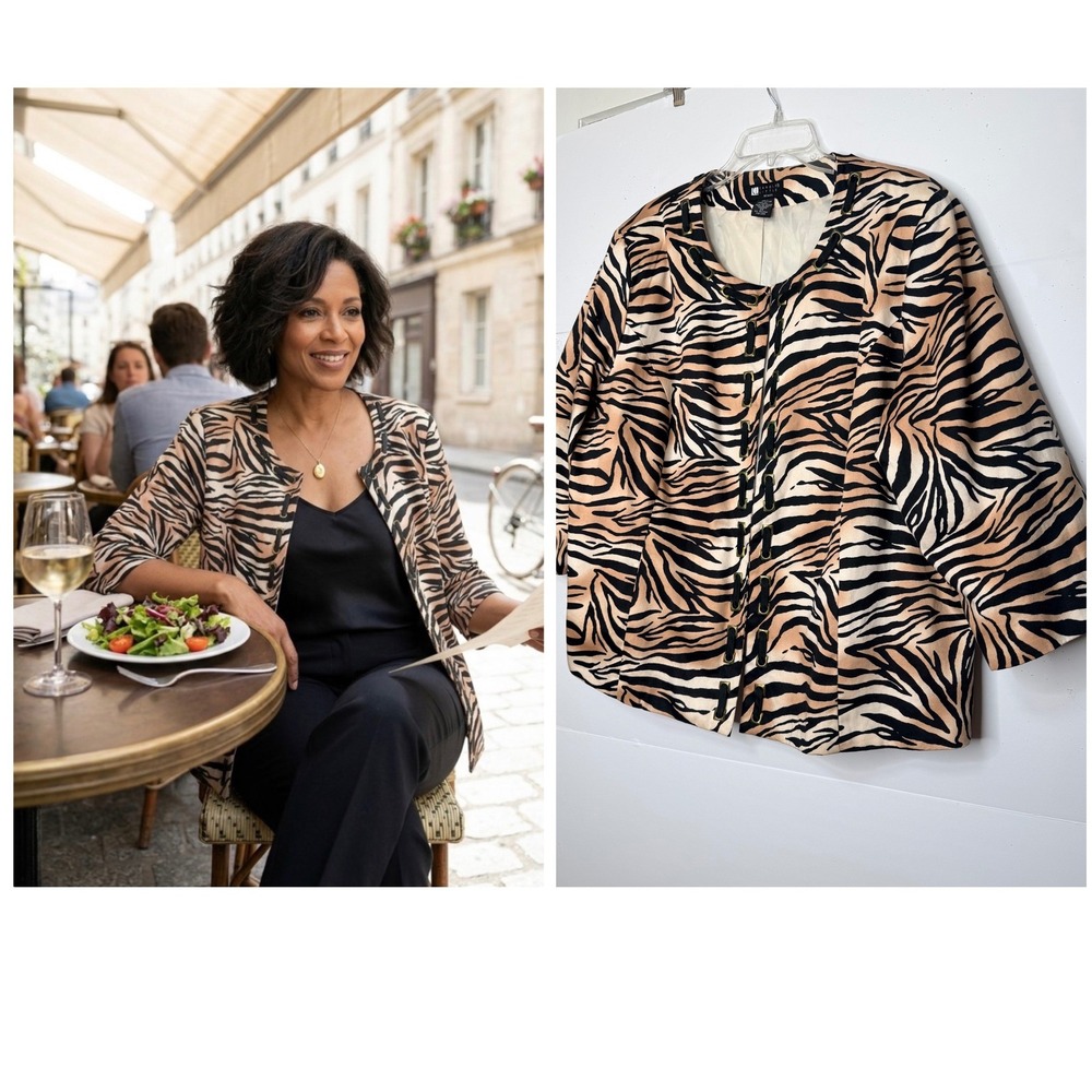 Women Jacket 2X Tan Black Tiger Print LaceUp Front Cotton Mobwife Old Money Chic